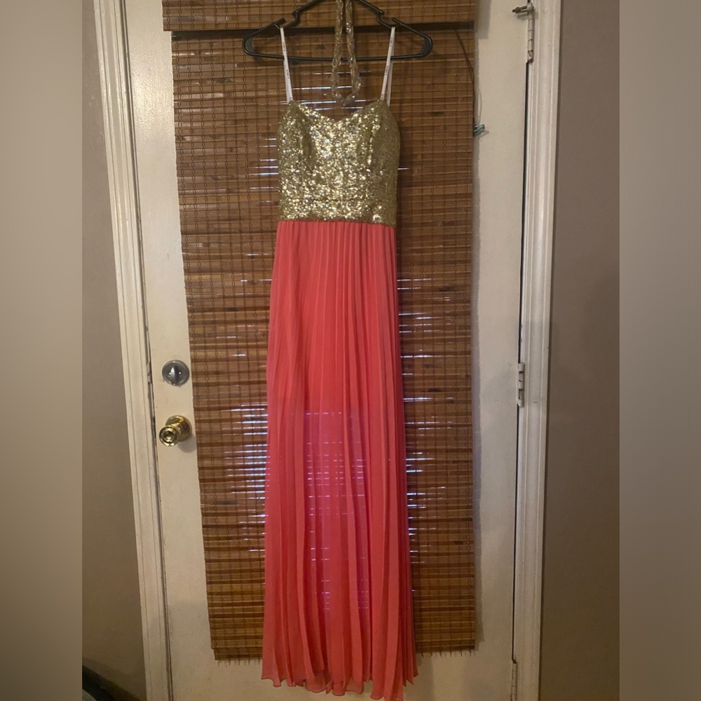 B Darlin maxi strapless dress, gold sequin bodice with salmon colored skirt